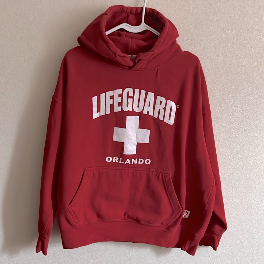 Vintage Lifeguard Red Cotton/Poly Pullover Orlando Hoodie Sweatshirt .XL